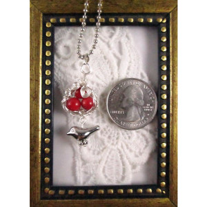  Mama Bird Nest with Red Coral Bead Egg Pendant Necklace