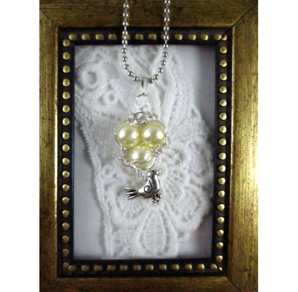 Mama Bird Nest with Peal Egg Pendant Necklace
