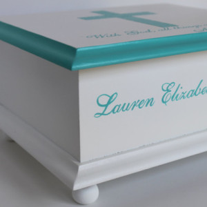 Christening or Confirmation Keepsake Memory Box personalized - turquoise cross baby gift