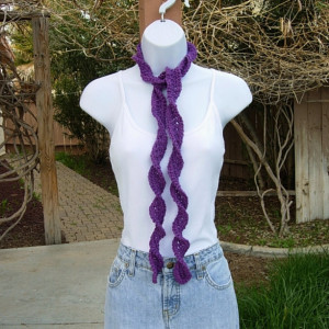 Solid Dark Purple Skinny SUMMER SCARF Small 100% Cotton Spiral Twisted Narrow Lightweight Women's Thin Crochet Knit, Ready to Ship in 3 Days
