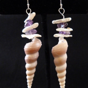 Hawaiian Purple Turritella Shells with Keshi Pearls and Amethyst Bead Earrings