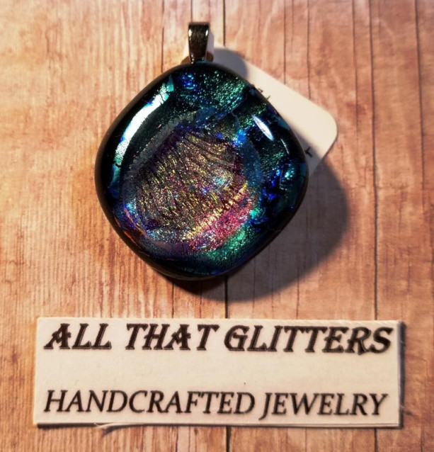 Silver, Gold & Blue Fused Dichroic Glass Pendant