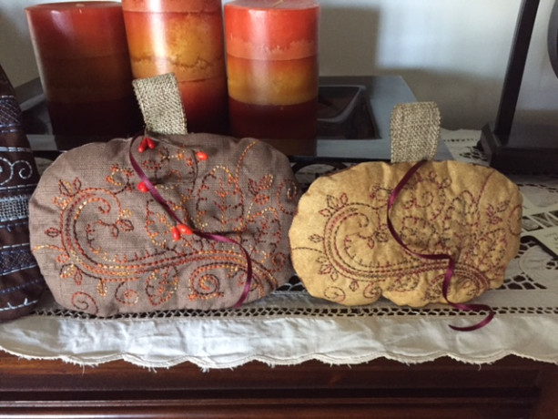 2 Decorative Embroidered Rustic Pumpkins
