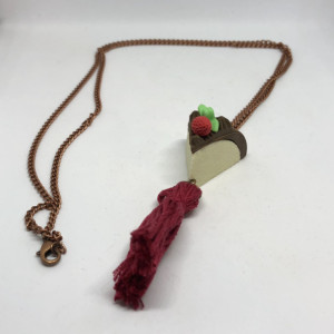 Upcycled Strawberry Cake Eraser Toy with Tassel Necklace - Cake Jewelry - Tassel Necklace