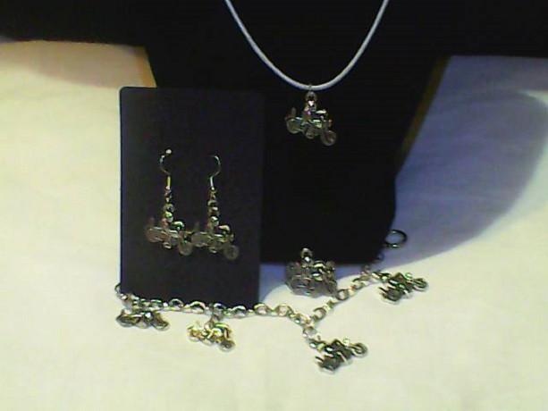 Homemade Motorcycle Jewelry set Ring, Earrings, Necklace, Bracelet Silver in Color