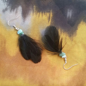 Black Feather Earrings with Green Accent Stone Earrings 