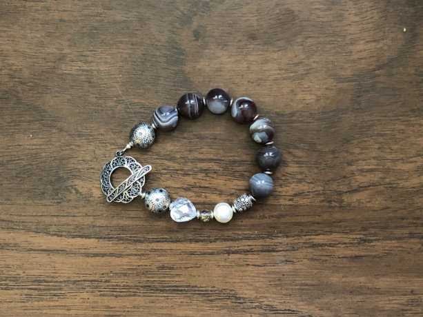 Bracelet with Botswana agate beads, freshwater pearl,  cz heart, sterling silver toggle, beads and findings 