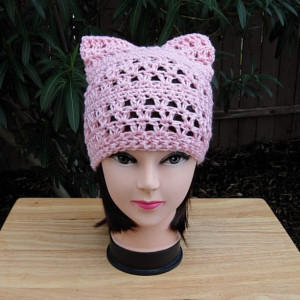 Light Pink Pussy Cat Hat, Summer Lacy PussyHat, Lace Pussy Hat, Lightweight Soft Acrylic Crochet Knit Solid Pink Thin Spring Beanie, Ready to Ship in 3 Days