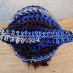 Women's Blue, Dark Brown, Off White Striped Kitty Cat Hat with Ears, Soft Handmade Crochet Knit Warm Winter Beanie, Pussy Hat, Ready to Ship in 3 Days