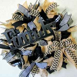 Year around Door Decor, Black and Tan Burlap & Ribbon Wreath