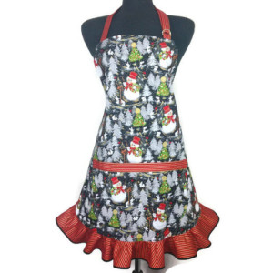 Retro Style Kitchen Apron for Women , Snowmen and Christmas Trees with Wrapping Paper Ruffle