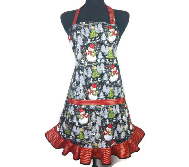 Retro Style Kitchen Apron for Women , Snowmen and Christmas Trees with Wrapping Paper Ruffle