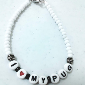 I Love My Pug Bracelet in White Beads
