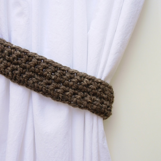 One Pair of Taupe Gray Brown Tweed Curtain Tie Backs, Drapery Tiebacks for Drapes, Simple, Basic Thick Crochet Knit, Ready to Ship in 3 Days
