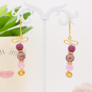 Gold Swirls, Pink Round Glass Bead Earrings,  Purple Faceted Glass Bead, Red Raspberry