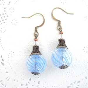 Earrings Aqua Color Hollow Glass Beads Handmade Stripe Hand Blown Drop Dangle Blue Summer Resort Sea Beach Jewelry Accessory Fish Hook