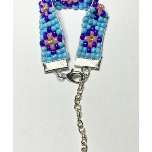 Handmade Bead Loom Bracelet Floral Design Blue Purple Pink Glass Beads Silver