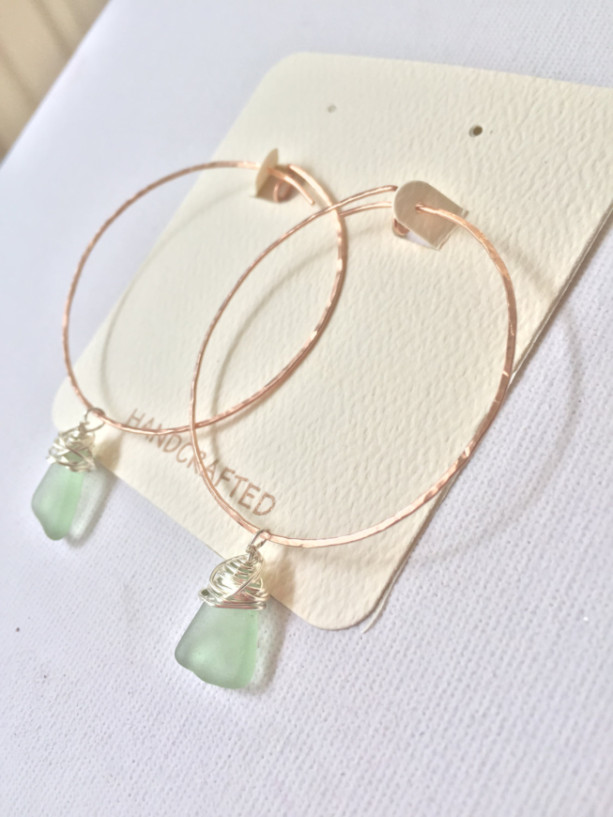14k Rose Gold-Filled 2-inch Hoops with Sterling Silver Crazy-Wrapped Green Sea Glass, Genuine Hawaiian Sea Glass, Mermaid Tears