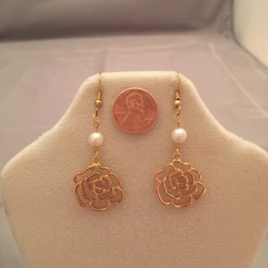 14K Gold Plate Findings with Real Freshwater Pearls and Rose Earrings