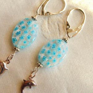 Bohemian earrings with Blue Millefiori Coin Glass Beads, and Sterling silver dolphin charm with sterling silver lever back earrings.#E00291