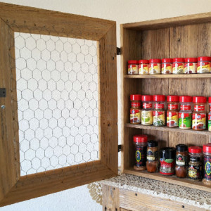 Country Cabinet. Rustic Spice Cabinet with Chicken Wire & Red Distressed Knob. Country Kitchen Cabinet