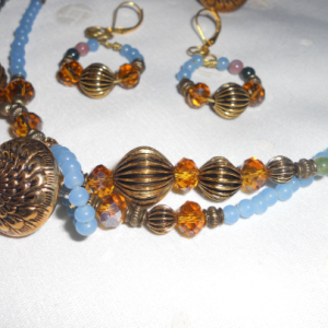 Multi-color Agate gemstone, blue glass beads Necklace Set