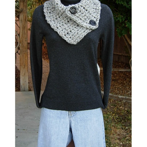 Light Gray Tweed NECK WARMER SCARF with Two Large Black Buttons, Thick Buttoned Cowl, Wool Blend, Grey Crochet Knit, Ready to Ship in 3 Days