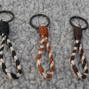 Braided Leather Keychain Key Fob - 4" Length - Barber Pole Stripe