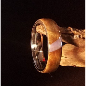 Size.. 7 1/2 Stainless Steel mixed wood and resin ring, browns, blues, and tans,.comfort fit, 5mm width of band ..
