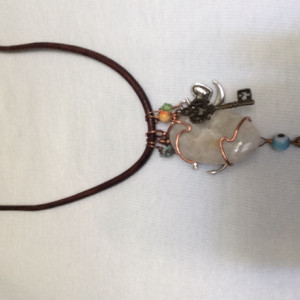 Natural brown leather Long Necklace with grey Agate pendant and charms beads, #N00146