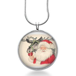 Santa with Reindeer Necklace - Christmas Jewelry - Holiday Pendant - Rudolph