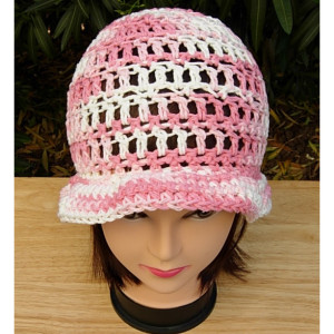 Light Pink & Off White Summer Beach Sun Hat, 100% Cotton Lacy Women's Crochet Knit Striped Beanie, Bucket Cap with Brim, Ready to Ship in 3 Days