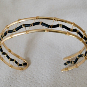 Gold Frame Cuff Bracelet with Zig-Zag Black Leather Cord