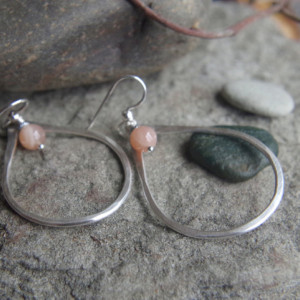 Large Silver hoops - Hand forged .999 fine Silver earrings with peach moonstone - teardrop silver hoops - Oregon Raindrops