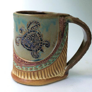 Sea Turtle Pottery Mug Coffee Cup Handmade Stoneware Tableware Microwave and Dishwasher Safe 12 oz