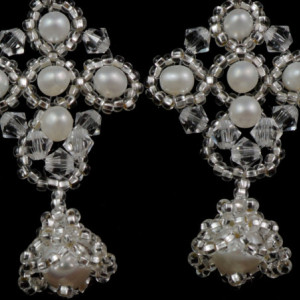 Swarovski crystal + white freshwater pearl beaded earrings. freshwater pearl beaded bridal earrings. Swarovski crystal wedding bell earrings
