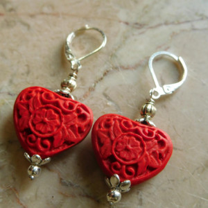 Red Cinnabar carve heart earrings, with silver tone lever back earrings. #E00308