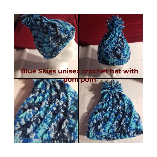 Blue skies crochet unisex hat with pom pom 