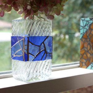 Blue Mosaic Bottle, Blue Mosaic Vase, Stained Glass Blue Bottle