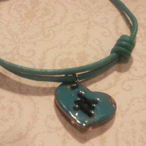 Adjustable leather enameled copper heart bracelet/ mending a broken heart.