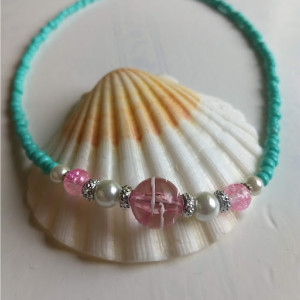 Aqua Blue Seed Beads with White Glass Pearls Pink and Silver Beads Necklace