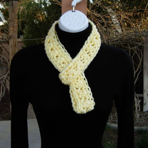 Light Yellow SUMMER SCARF, Small Skinny Infinity Loop, Extra Soft Crochet Knit Circle Narrow Lightweight Pale Cowl, Ready to Ship in 2 Days