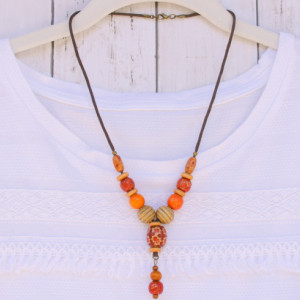 Colorful Wood Necklace, Vibrant Earth Tones Necklace, Orange and Red Wood Beads