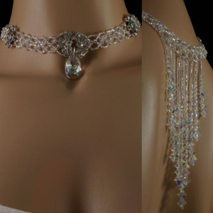 Swarovski crystal beaded wedding backdrop necklace. Swarovski crystal bridal backdrop necklace. vintage crystal beaded backdrop choker