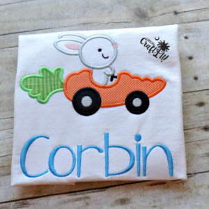 Easter Shirt, Boys, Toddlers, Bunny in a carrot Car, Easter Bunny, Carrot, Personalized, Embroidered