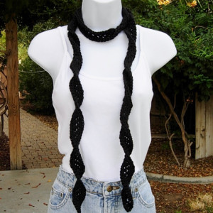 Women's Black Skinny Spiral SUMMER SCARF Small Extra Soft 100% Acrylic Twisted Crochet Knit Narrow Thin Lightweight Solid Black Neck Tie, Ready to Ship in 3 Days