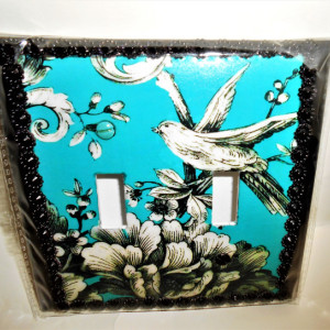 Crafted Decorative Floral & Bird Design DOUBLE Size Light Switchplate Cover with Raised Black Trimming(B)
