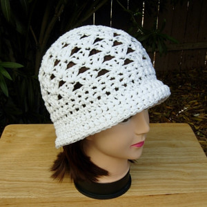 Solid Basic White Summer Beach Sun Hat with Brim, 100% Cotton Lacy Cloche, Women's Crochet Knit Beanie, Bucket Cap, Ready to Ship in 3 Days