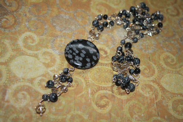 Snowflake Obsidian Bead and Silver Crystal Tassel Necklace