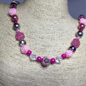 Pink floral beaded necklace and earring set